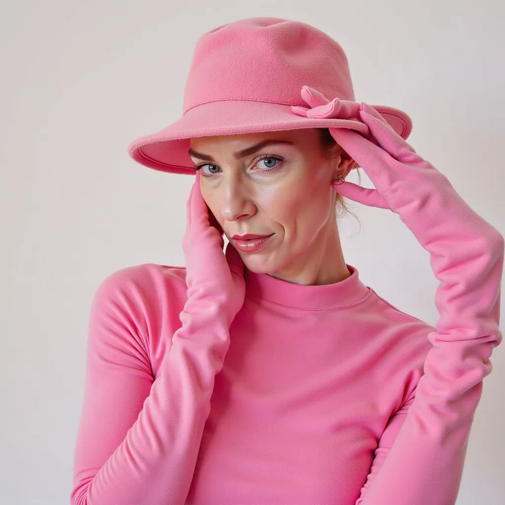 Prompt: a woman wearing pink gloves and a pink hat with a pink glove on her head and a pink glove on her hand, pink bodysuit, Constance-Anne Parker, hyperrealism, pink, a character portrait