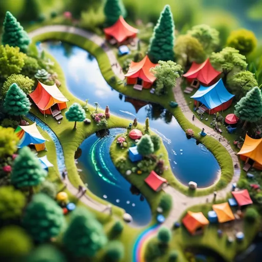 Prompt: aerial view, tilt-shift, isometric miniature world, detailed landscape world render with tents, waterfall pool, fish pond, pergola, glamping, clear water river with mahsheer fish
