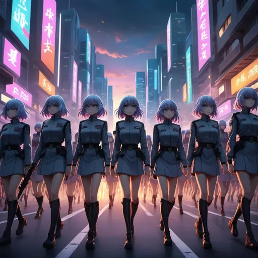 Prompt: (anime girl clones), a powerful army marching resolutely down a city street, (intense determination) visible on their faces, (futuristic city background), vibrant colors echoing in the twilight, a dramatic sky, shadows creating depth, (cinematic lighting), highly detailed with 4K quality, conveying a sense of impending conquest and unity, lively and engaging atmosphere.