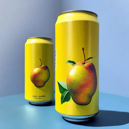 Prompt: painted, the can is printed with a yellow pear and half a pear