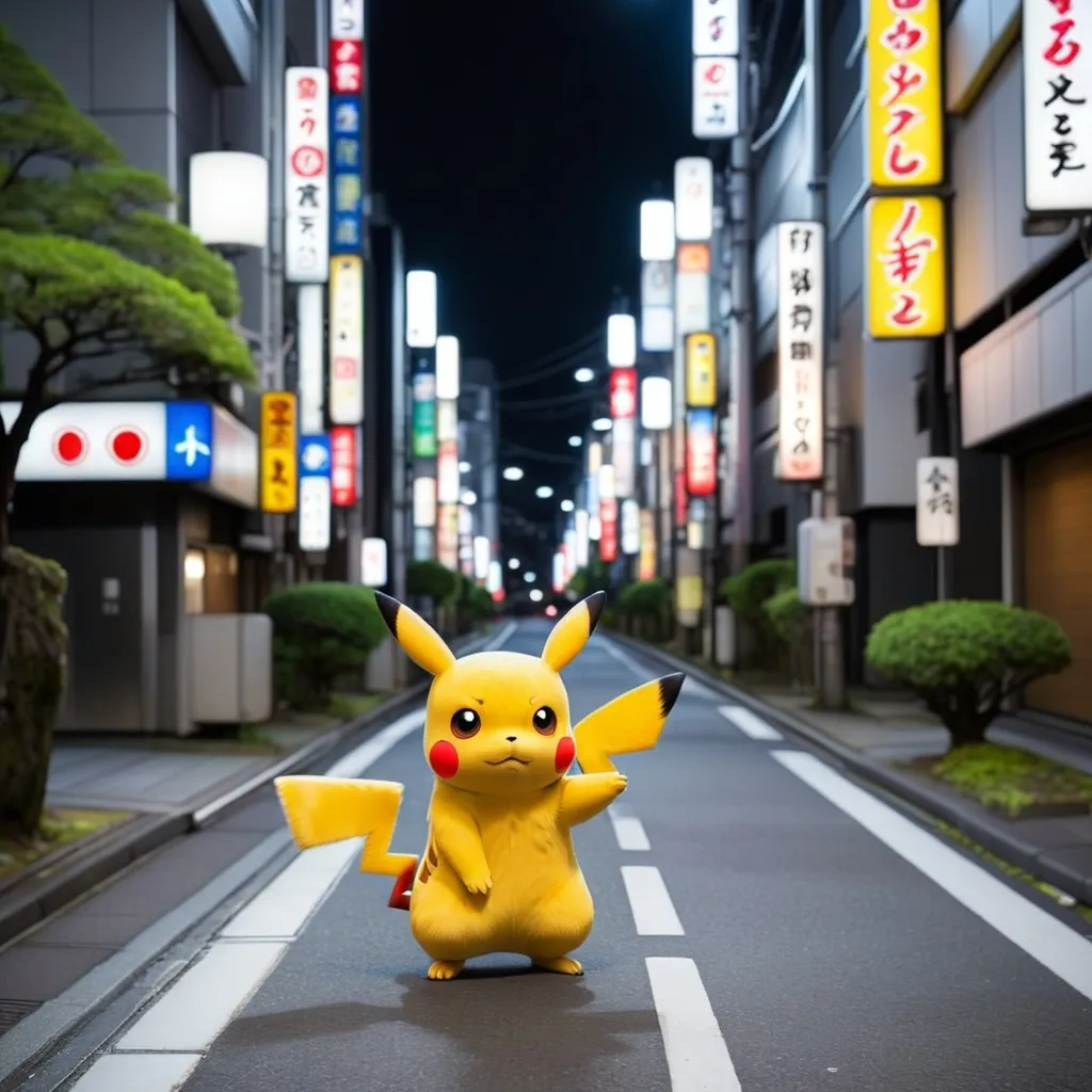 Prompt: a pikachu walked alone  on the street of tokyo, but the street is empty with no people, the time is at the late night