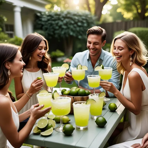 Prompt: A vertical layout showcasing friends enjoying margaritas at a stylish garden party. The scene captures happiness and elegance, with partially consumed cocktails and sliced limes scattered on a table. The ambiance is warm and inviting, reflecting the joy of sharing drinks with friends in a relaxed yet sophisticated setting.