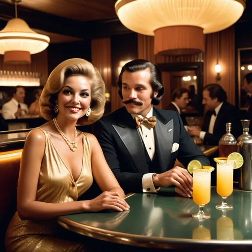 Prompt: 
A vertical layout capturing a 1970s scene: a gentleman and his wife enjoying margaritas at an elegant bar. The setting exudes sophistication, with warm, ambient lighting and a live jazz band playing in the background. The couple is dressed in refined 70s attire, seated at a polished bar counter, engaged in conversation, and savoring their cocktails in a timeless, stylish atmosphere.