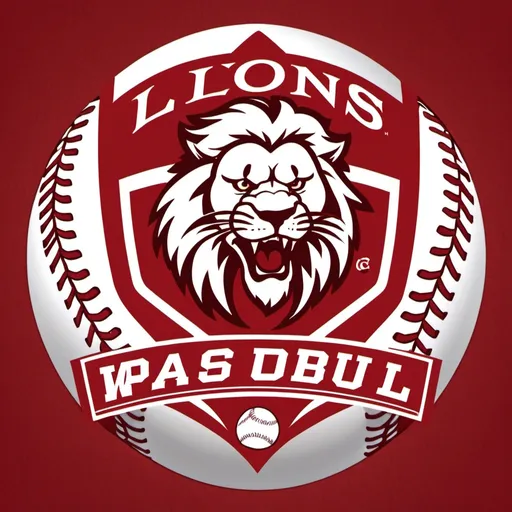 Prompt: Lions baseball logo red white  make it have a lion surrounded by a baseball