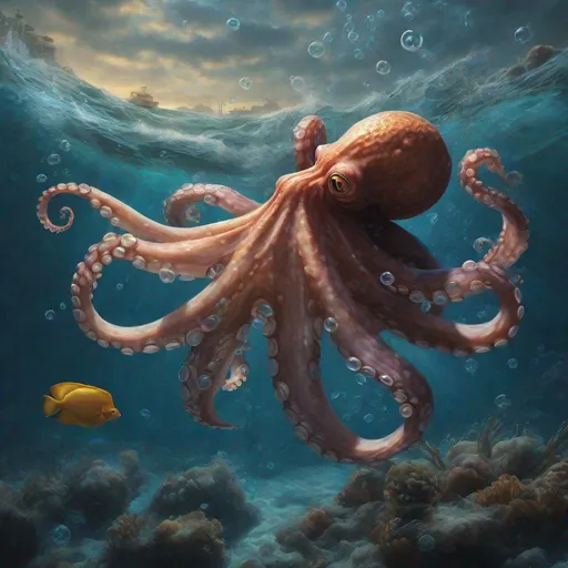 Prompt: An comic style octopus is playing with fish friends  under the ocean with waves cresting across a bed and room on the ocean floor, realistic ocean water swirls and numerous bubbles, perfect composition,  soft natural volumetric cinematic perfect light, chiaroscuro, award-winning photograph, masterpiece, oil on canvas, raphael, caravaggio, greg rutkowski, beeple, beksinski, giger