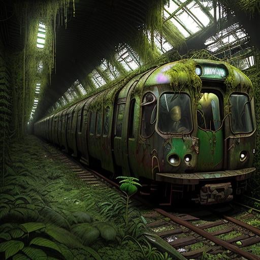 Prompt:  a rusted subway train taken over by carnivorous plants like Venus flytraps and pitcher plants broken windows old graffiti traveling through a lush green plants in abandoned tunnel, by senior environment artist, fantastic realism, abandoned vehicles, art nouveau jungle environment, densley overgrown with moss, by Giger, the depths of an abandoned subway tunnel transformed into a treacherous jungle of predatory plants, Thick vines hang from the ceiling, forming a tangled canopy that blocks out the sunlight, Giant pitcher plants with gaping maws line the walls, ready to ensnare unsuspecting prey, plants looking hungry and aggressive, dim and eerie lighting, with shadows cast by the plants adding to the menacing atmosphere, The air is heavy with humidity and the scent of decay, creating a sense of danger and mystery, photorealistic, cg wallpaper, 8k, ultra detailed