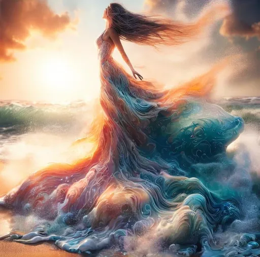 Prompt: closeup full body airbrushed 3d render painting of a woman dancing born from sea waves, smoky mist particles swirling around, a flowing dress formed from an ocean wave and swirling above her head made of transparent dissolving chiffon sunset colors, standing on a beach at late sunset, ocean background. woman’s hair flowing in the wind with bubbles around her. The dress colors complementary to the vibrant sunset colors, Ocean colors of sunset, Daniel Gerhartz, Yossi Kotler, mirrors on the floor