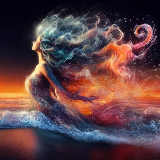 Prompt: closeup full body  airbrushed 3d render painting of a woman dancing born from sea waves, smoky mist particles swirling around, a flowing dress formed from an ocean wave and swirling above her head made of transparent dissolving chiffon sunset colors, standing on a beach at late sunset, ocean background. woman’s hair flowing in the wind with bubbles around her. The dress colors complementary to the vibrant sunset colors, Ocean colors of sunset,  Daniel Gerhartz, Yossi Kotler, mirrors on the floor