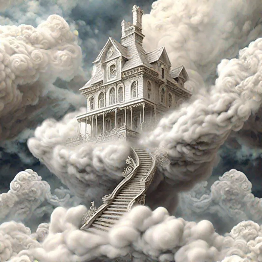 Prompt: long shot, white cloudy 1800's ornate cottage made out of clouds in the clouds with long staircase, staircase made out of clouds with swirling clouds all around, intricate, highly detailed, digital painting, smooth, sharp focus, illustration, art by gustave dore, octane render