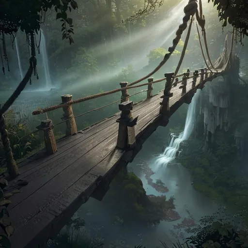 Prompt:  Far Shot, DOF, Ground Level panoramic view, insanely detailed, (one wood ancient rope suspension bridge spanning across a swamp river with rays of light shining down  with a Large waterfall), DOF, ((masterpiece)), ((best quality)), ((high details)), ((realistic)), fantasy, dramatic, intricate, perfect composition, beautiful detailed, octane render, trending on artstation, 8k artistic photography, photorealistic concept art, soft natural volumetric , cinematic perfect light, Watercolor, sharp focus, studio photo, by Greg Rutkowski, Bokeh: -5