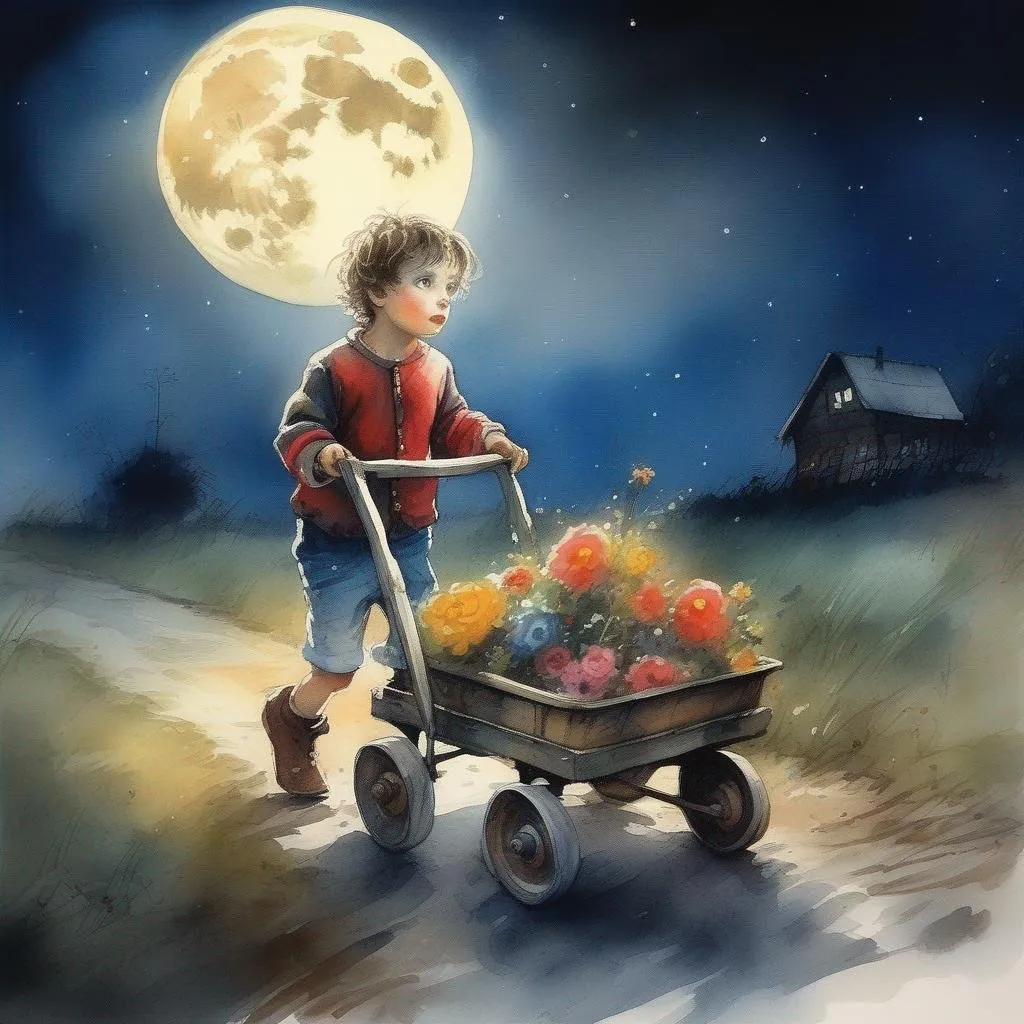 Prompt: mid-shot, ground view, DOF, Boy with cute boy face pulling a small wagon, colorful art by Tim Burton, night, moon, full body, extremely detailed, very attractive, beautiful, award winning, high definition, crisp quality, watercolor and ink wash, art by Konstantin Makovsky, 