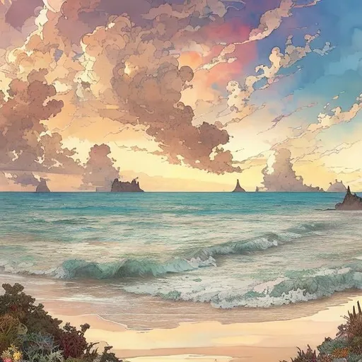 Prompt: Ground view, Low angle, Panorama, beach and ocean with fluffy colorful clouds at sunset, by Jean-Baptiste Monge, watercolor and ink, intricate details, fantasy, beautiful, award winning, colorful, fantastic view, crisp quality, at sunset , Alphonse Mucha, by studio ghibli