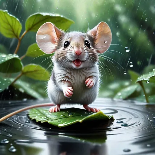 Prompt: mid-shot, Low Angle panorama, Photorealistic oil painting of a cute fluffy mouse Standing on a boat shaped leaf,  floating in a small puddle, holding onto the  leaf stem acting as boat steering, in the rain with falling raindrops, in a small puddle in the middle of a forest, high resolution, photorealism