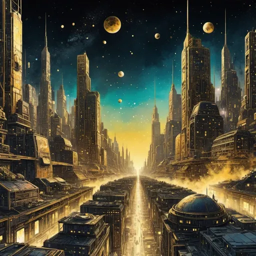 Prompt: Far shot, Panorama, A golden dystopian metropolis in a distant galaxy with a bright  sky full of stars and colorful nebulas . Mixed media of hyper-detailed manga art, a masterpiece with smooth clear clean edges, The art is a gilded painting in a stylized painted style by a foreign alien. High contrast Colors of black and Bright gold.