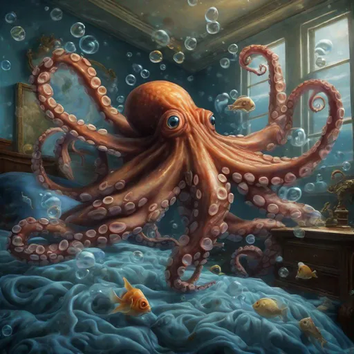 Prompt: An comic style octopus is playing with fish friends under the ocean bedroom  with waves cresting across a bed and room on the ocean floor, realistic ocean water swirls and numerous bubbles, perfect composition,  soft natural volumetric cinematic perfect light, chiaroscuro, award-winning photograph, masterpiece, oil on canvas, raphael, caravaggio, greg rutkowski, beeple, beksinski, giger