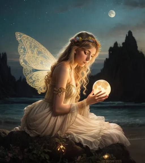 Prompt: Faerytales, fairy with very delicate girl face holding a globe of the moon in her hands on the beach at night, Intricate, Rococo, Scenic, Hyperdetailed, Delicate, colorful; Royo; rich muted colors; Regal; Mucha. Dante Rossetti, Steve Hanks,  Cinematic, WLOP, 8K, concept, smooth sharp focus, rutkowski, detailed, beautiful, Artgerm, Giger, Planets, Space, 8K resolution