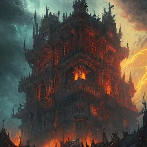 Prompt: hyper-amazing large fiery skull medieval tower, cyber-wild deadly unique dangerous branchpunk ominous fantasy, Lightning spooky Storm Clouds, ritualpunk edges, fantasy 8k resolution Ukiyo-e mythical hyper-witch stormpunk godray, digital art, fancy and ornate, Tom Roberts, Australian impressionism, Bojan Koturanovic, Etienne Hebinger fantasy landscapes
