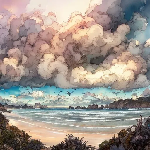 Prompt: Ground view, Low angle, Panorama, beach and ocean with fluffy colorful clouds at sunset, by Jean-Baptiste Monge, watercolor and ink, intricate details, fantasy, beautiful, award winning, colorful, fantastic view, crisp quality, at sunset 