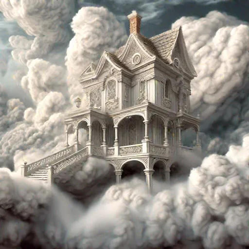 Prompt: long shot, white cloudy 1800's ornate cottage made out of clouds in the clouds with long staircase, staircase made out of clouds with swirling clouds all around, intricate, highly detailed, digital painting, smooth, sharp focus, illustration, art by gustave dore, octane render