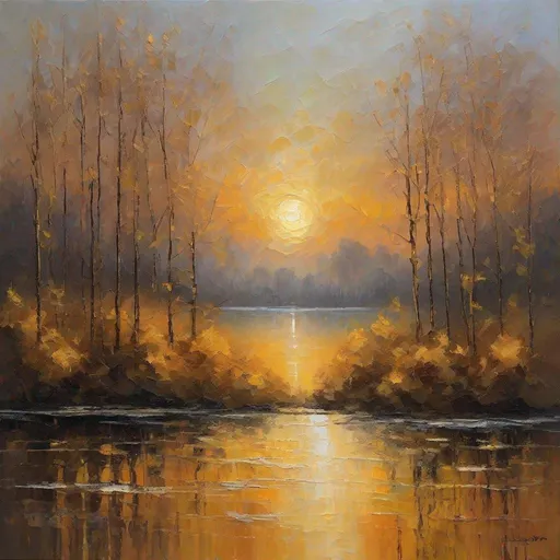 Prompt: far-shot, panorama, Impressionist oil paint art with thick, textured brush strokes and light palette Knife on a canvas, of a serene and mystical mixture of cityscape and forest landscape at sunset.  a branch prominently in the foreground, illuminated by the soft, golden light of the setting sun,  tranquil lake reflecting the golden hues of the setting sun, with distant silhouettes of a cityscape. The sky painted with broad strokes of blues and golds to create an impressionistic representation of clouds illuminated by the sunset.