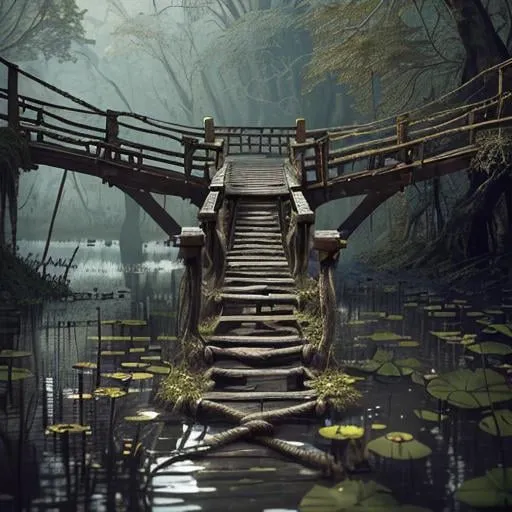 Prompt:  Far Shot, DOF, Ground Level panoramic view, insanely detailed, (one wood ancient rope suspension bridge spanning across a swamp), DOF, ((masterpiece)), ((best quality)), ((high details)), ((realistic)), fantasy, dramatic, intricate, perfect composition, beautiful detailed, octane render, trending on artstation, 8k artistic photography, photorealistic concept art, soft natural volumetric , cinematic perfect light, Watercolor, sharp focus, studio photo, by Greg Rutkowski, Bokeh: -5