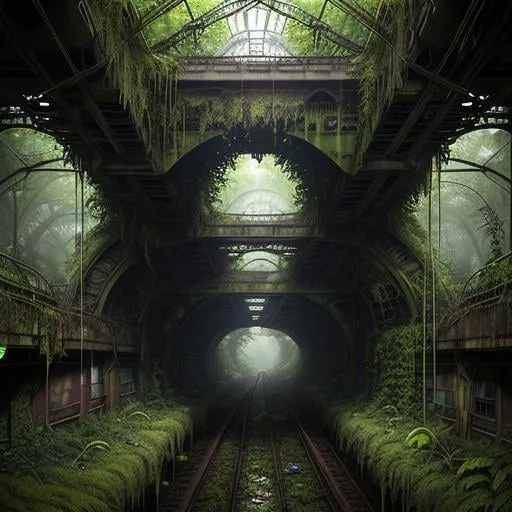 Prompt:  rusted subway tracks under a bridge taken over by carnivorous plants like Venus flytraps and pitcher plants broken windows old graffiti traveling through a lush green plants in abandoned tunnel, by senior environment artist, fantastic realism,  art nouveau jungle environment, densely overgrown with moss, by Giger, abandoned subway tunnel, Thick vines hang from the ceiling, forming a tangled canopy,  dim and eerie lighting, with Long shadows, menacing atmosphere, danger and mystery, photorealistic, cg wallpaper, 8k, ultra detailed