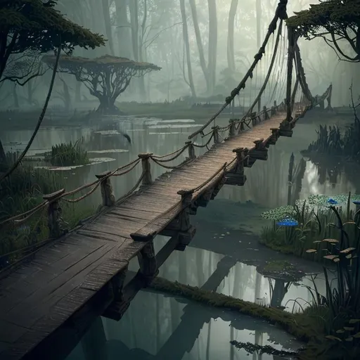 Prompt:  Far Shot, DOF, Ground Level panoramic view, insanely detailed, (one wood ancient rope suspension bridge spanning across a swamp), DOF, ((masterpiece)), ((best quality)), ((high details)), ((realistic)), fantasy, dramatic, intricate, perfect composition, beautiful detailed, octane render, trending on artstation, 8k artistic photography, photorealistic concept art, soft natural volumetric , cinematic perfect light, Watercolor, sharp focus, studio photo, by Greg Rutkowski, Bokeh: -5