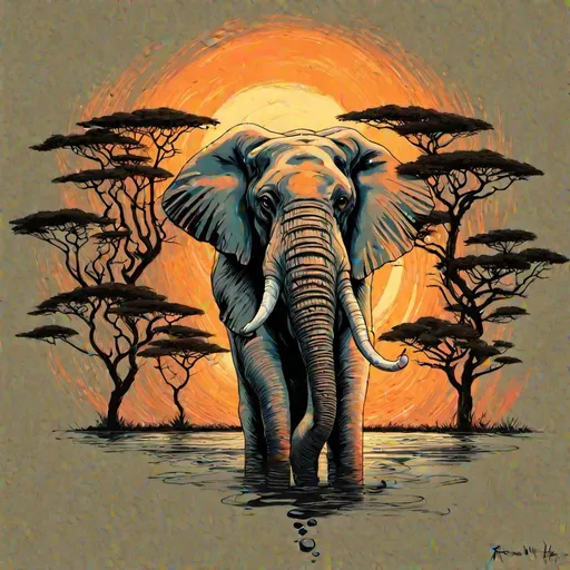 Prompt: a single lone very vivid  pastel colored Elephant in the Serengeti facing forward, with a sunset and a watering hole, poster art, style of Aaron Horkey, Afremov