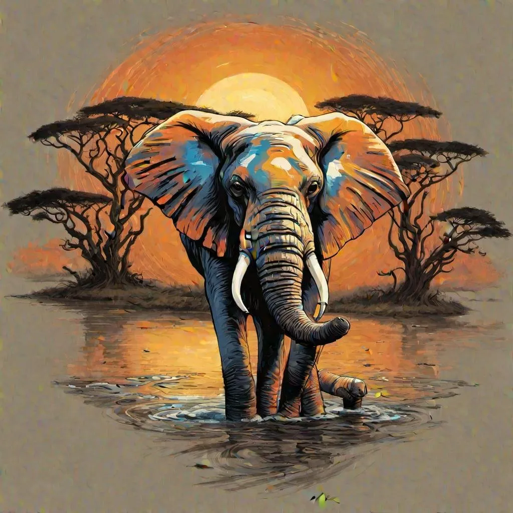 Prompt: a single lone very vivid  pastel colored Elephant in the Serengeti facing forward, with a sunset and a watering hole, poster art, style of Aaron Horkey, Afremov