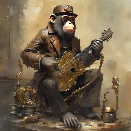 Prompt: steampunk sitting monkey with (hand held brass cymbals);  by Ismail Inceoglu and Leonardo da Vinci :: intricately detailed :: Photorealism ::hyperrealism:: sharp lines :: a masterpiece ::  watercolor