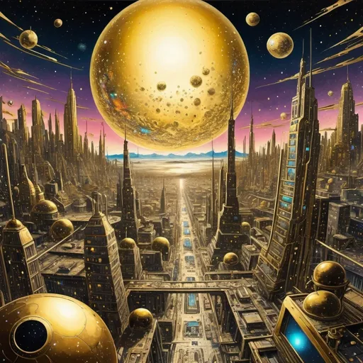 Prompt: Far shot, Panorama, A golden dystopian metropolis in a distant galaxy with a bright  sky full of stars and colorful nebulas . Mixed media of hyper-detailed manga art, a masterpiece with smooth clear clean edges, The art is a gilded painting in a stylized painted style by a foreign alien, Salvadore Dali. High contrast Colors of black and Bright gold.