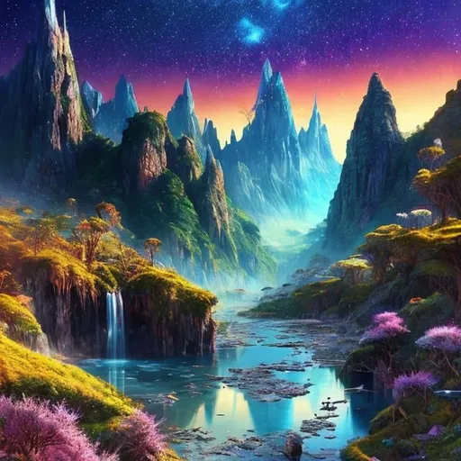 Prompt: Magical Being, New World, Majestic Presence , Realistic Landscape, Flora and Fauna , Enchanting Creatures, Vibrant Colors , Creation Process, Photorealistic Details, Soda Water, Natural Beauty, Flawless Textures , Majestic Mountains, Shimmering Rivers, Exotic Wildlife, Energetic Aura , Cosmic Realism , Detail Perfection , Starry Sky