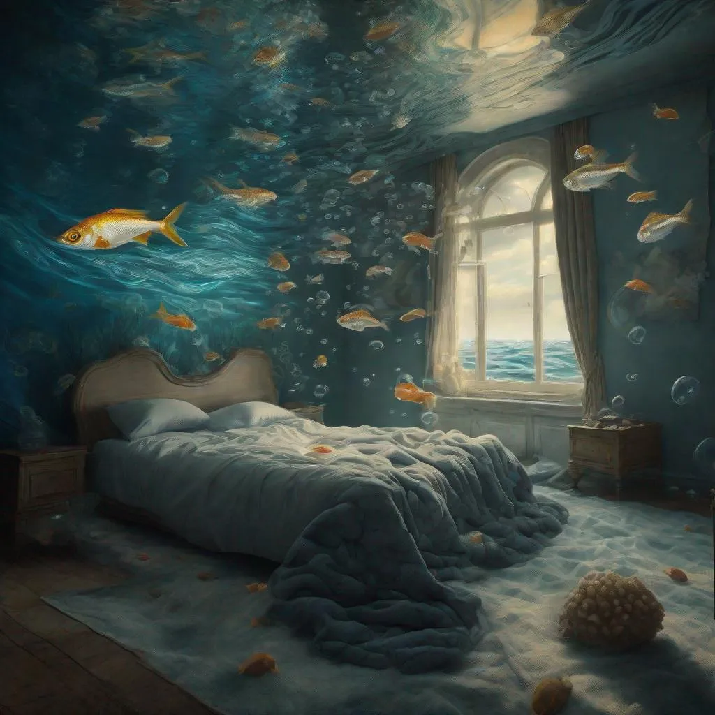 Prompt:  fish friends under the ocean bedroom  with waves cresting across a bed and room on the ocean floor, realistic ocean water swirls and numerous bubbles, perfect composition,  soft natural volumetric cinematic perfect light, chiaroscuro, award-winning photograph, masterpiece, oil on canvas, raphael, caravaggio, greg rutkowski, beeple, beksinski, giger