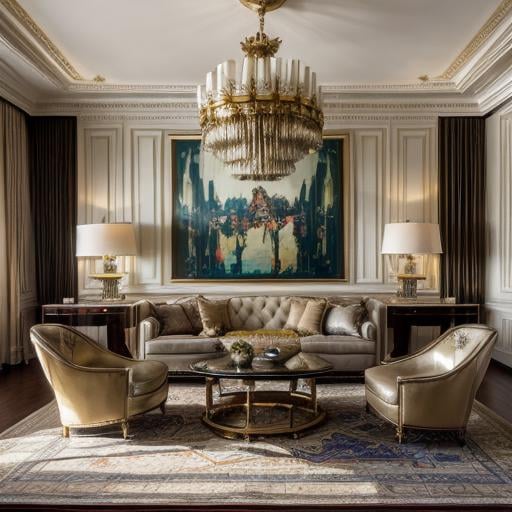 Prompt: wide angle, panorama,  a  luxurious penthouse, framed  artworks from the 1920's adorn the walls,  art deco furnishings, Greg Rutkowski, Alphonse Mucha, Dark Fantasy, Strange, Wadim Kashin, Ralph Steadman, Jeremy Mann,