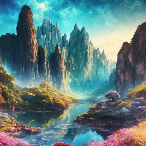 Prompt: Magical Being, New World, Majestic Presence , Realistic Landscape, Flora and Fauna , Enchanting Creatures, Vibrant Colors , Creation Process, Photorealistic Details, Soda Water, Natural Beauty, Flawless Textures , Majestic Mountains, Shimmering Rivers, Exotic Wildlife, Energetic Aura , Cosmic Realism , Detail Perfection , Starry Sky