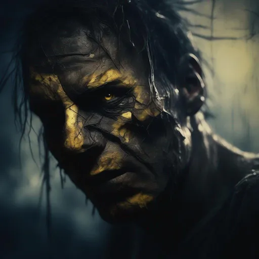 Prompt: Dynamic lighting from above, Cinematic lighting, Close Up front facing highly detailed Dark charcoal downturned closed mouth face, cracked and chipped skin grunge covered Stern faced dead man with dark wood on his head,  gritty and dirty, expressionless closed mouth, yellow glowing eyes,  Digital art, abstract, surreal, fantastic view, blurred dark background, bokeh: -1