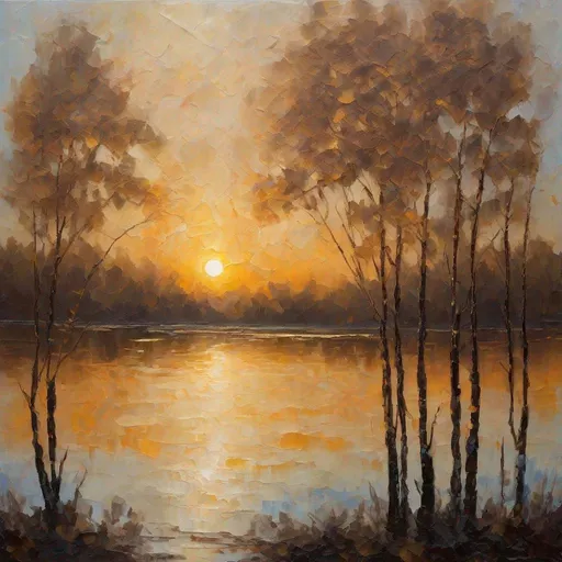 Prompt: far-shot, panorama, Impressionist oil paint art with thick, textured brush strokes and light palette Knife on a canvas, of a serene and mystical mixture of cityscape and forest landscape at sunset.  a branch prominently in the foreground, illuminated by the soft, golden light of the setting sun,  tranquil lake reflecting the golden hues of the setting sun, with distant silhouettes of a cityscape. The sky painted with broad strokes of blues and golds to create an impressionistic representation of clouds illuminated by the sunset.