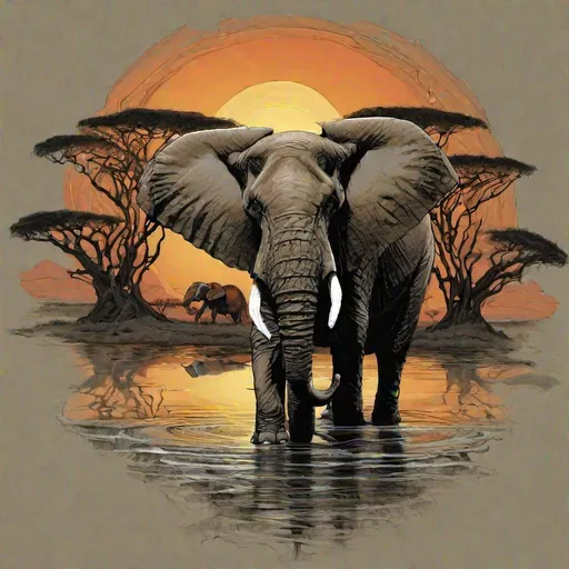 Prompt: Elephant in the Serengeti with a sunset and a watering hole, style of Aaron Horkey