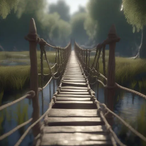 Prompt:  Far Shot, DOF, Ground Level panoramic view, insanely detailed, (one wood ancient rope suspension bridge spanning across a swamp), DOF, ((masterpiece)), ((best quality)), ((high details)), ((realistic)), fantasy, dramatic, intricate, perfect composition, beautiful detailed, octane render, trending on artstation, 8k artistic photography, photorealistic concept art, soft natural volumetric , cinematic perfect light, Watercolor, sharp focus, studio photo, by Greg Rutkowski, Bokeh: -5