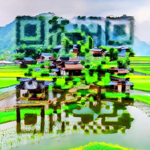 Prompt: asian village with rice field and moutain