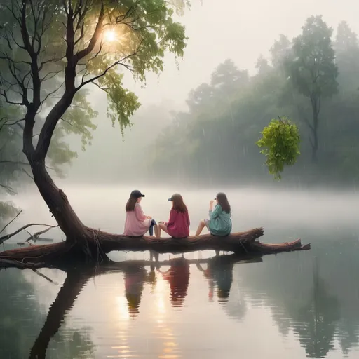 Prompt: Girls sit on the branch in the in the lake, rainy day, lightray sun, foggy