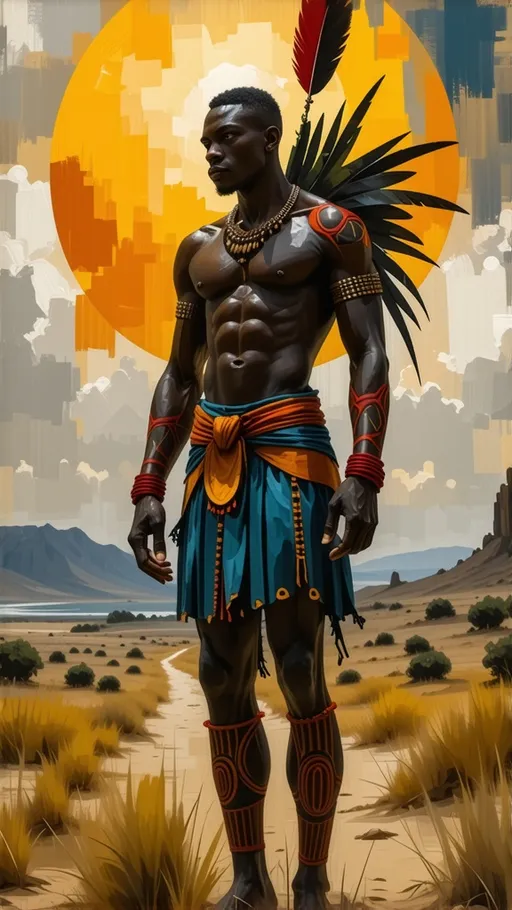 Prompt: fine masterpiece character design recreate  from Kandinsky art of ilusion, Android Jones.
   hyperealistic picture, poster design, artistic photo studio of a  Thomas Kinkade. A lone, muscular angle of dark , adorned in intricate, tribal patterns inspired by Nusantara art, stands majestically in a vast, open landscape, with a wide-angle, cinematic view, reminiscent of a Cross Processing Print. The image combines the gritty texture of traditional film photography with a contemporary, digital concept art twist, featuring bold, graffiti-like brushstrokes and vibrant, clashing colors. The minimalist composition is elevated by the dramatic, diffused lighting, casting an ethereal glow on the warrior's imposing physique. The overall aesthetic is a blend of surrealism and realism, with a hint of abstract expressionism, evoking a sense of simplistic wonder. The image is rendered in stunning UHD, 16K resolution, with an IMAX-like cinematic quality, 