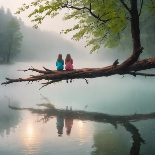 Prompt: Girls sit on the branch in the in the lake, rainy day, lightray sun, foggy