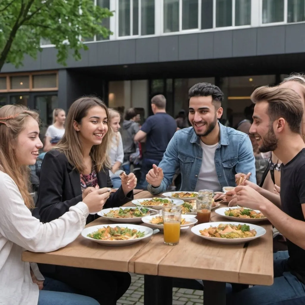 Prompt: Group of people , with one arab guy and some other dutch girls and  boys and almost asian girl 
enjoying food around big table 
and eaxh other
in 
Rotterdam
