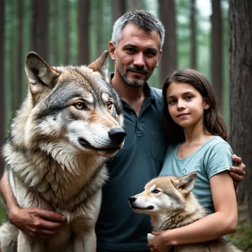 Prompt: family with a wolf father and a human mother.