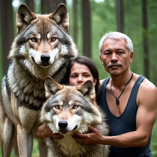 Prompt: family with a wolf father and a human mother.