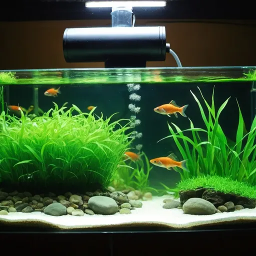 Prompt: fish tank with grass a fish inside. and also simple water Filtration system
