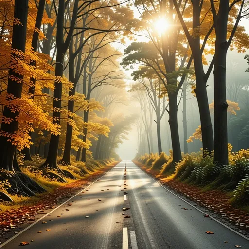 Prompt: A mysterious road with ebdless view lined with trees. Leaves falling. Autumn foliage bright colors. Sub shinning through trees. Mixed media