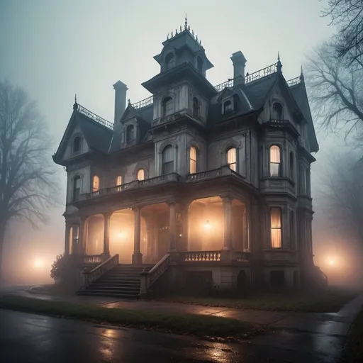 Prompt: Scary mansion engulfed in fog, eerie lighting, detailed architecture, vintage style, car headlights illuminating the facade, spooky atmosphere, highres, ultra-detailed, horror, foggy, vintage, eerie lighting, detailed architecture, spooky atmosphere