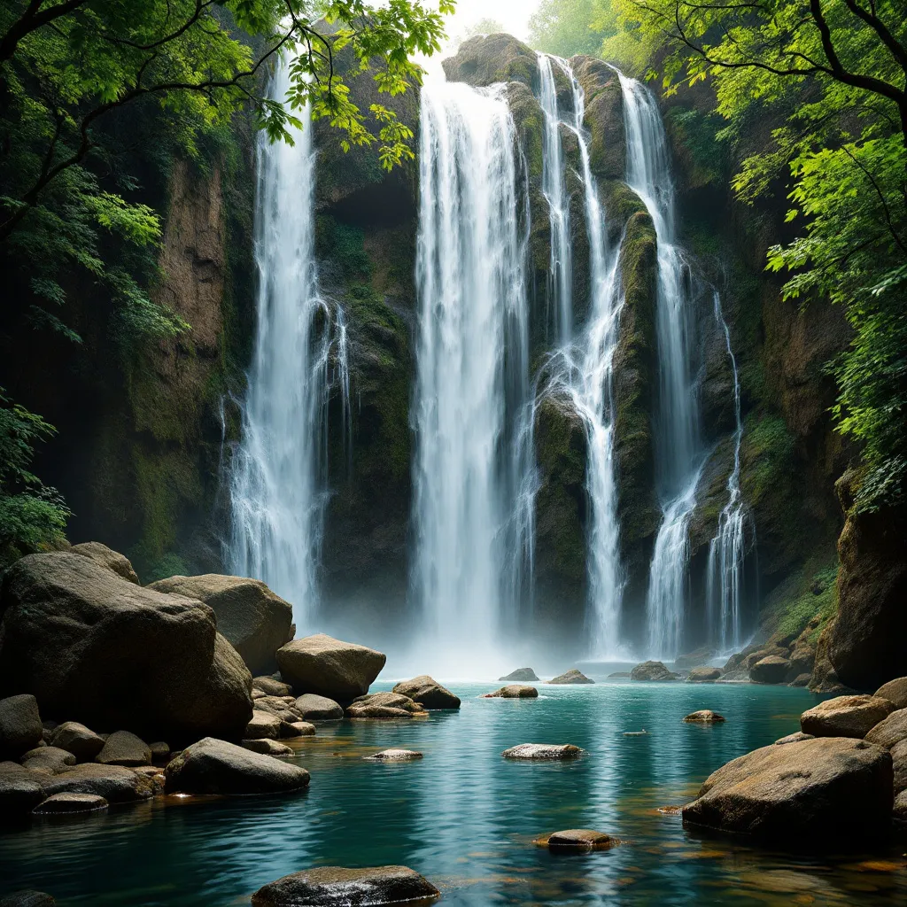 Prompt: Majestic waterfalls cascade down a series of dark, towering stone columns, creating a serene and dramatic backdrop. The water glistens as it tumbles over the jagged edges, while lush green trees frame the scene, enhancing its natural beauty. Large, smooth stones are scattered at the water's edge, partially submerged in the tranquil pool that reflects the surrounding features beautifully. The rich textures of the rocks and the shimmering water are contrasted against the deep greens of the foliage, evoking a peaceful and contemplative atmosphere. This striking interplay between stone and water creates a harmonious and visually captivating landscape.